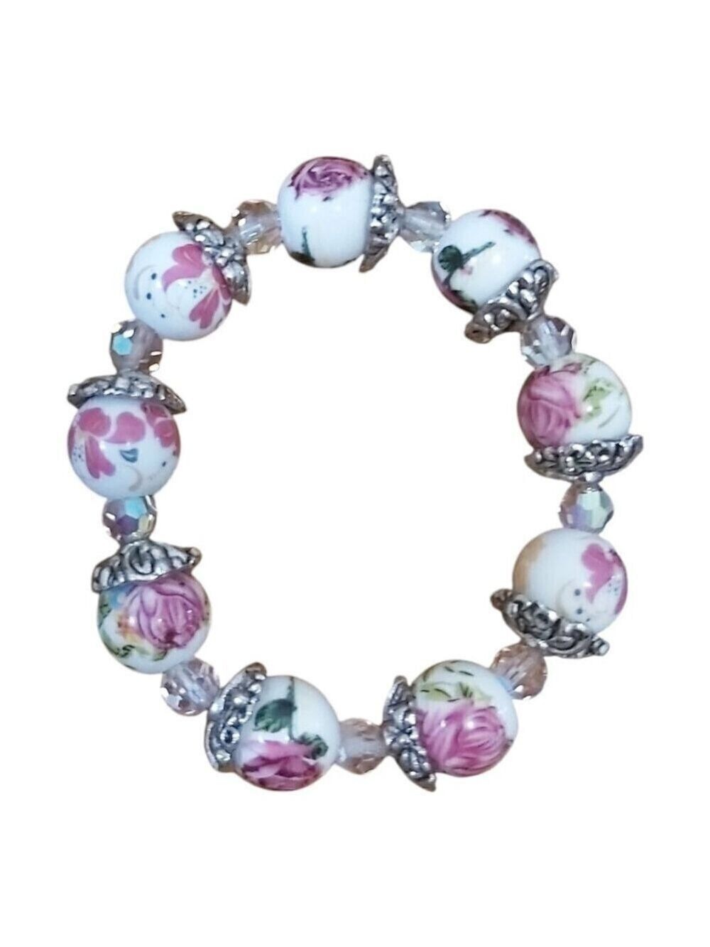 7 Inch Rose Ceramic & Czech AB Crystal Bead Bracelet - Metal Cap Flower Spacers